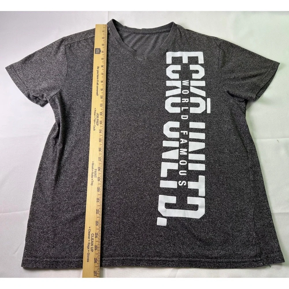 Ecko Unltd Y2K Men Gray Heather V Neck Short Sleeve Graphic T Shirt World Famous